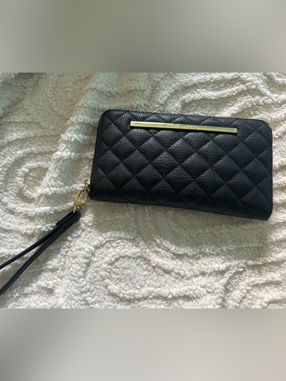Steve Madden Black Quilted Wristlet Wallet with Gold Accent